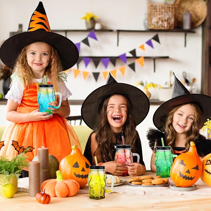 Halloween Cups Set of 4 - Skull Mason Jar with Lids Straws and Handle - Colorful Drinking Glasses for Halloween Party Bar Decor, 16 oz
