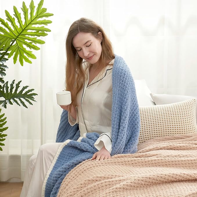Snuggle Sac Blue Waffle Throw Blanket for Couch Bed Sofa 60x80 inches, Reversible Blue Blanket Microfiber Fluffy Fuzzy Cozy Knit Twin Blanket for Women Mothers Birthday Gifts