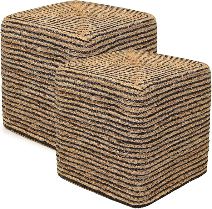 REDEARTH · Cube Pouf Foot Stool Ottoman - Jute Braided Pouffe Poof Accent Sitting Footrest for The Living Room, Bedroom, Nursery, Lounge 50% Jute 50% Cotton Set of 2 (14.5”x14.5”x16”; Natural Black)
