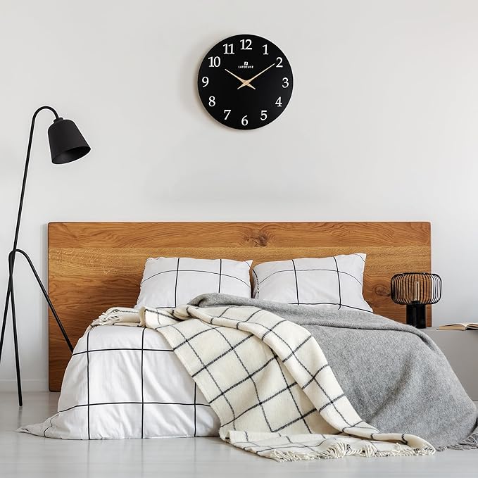 Lafocuse 12 Inch Silent Black Wall Clock Battery Operated for Living Room Decor, Simple Minimalist Wooden Wall Clock for Kitchen Bedroom Office