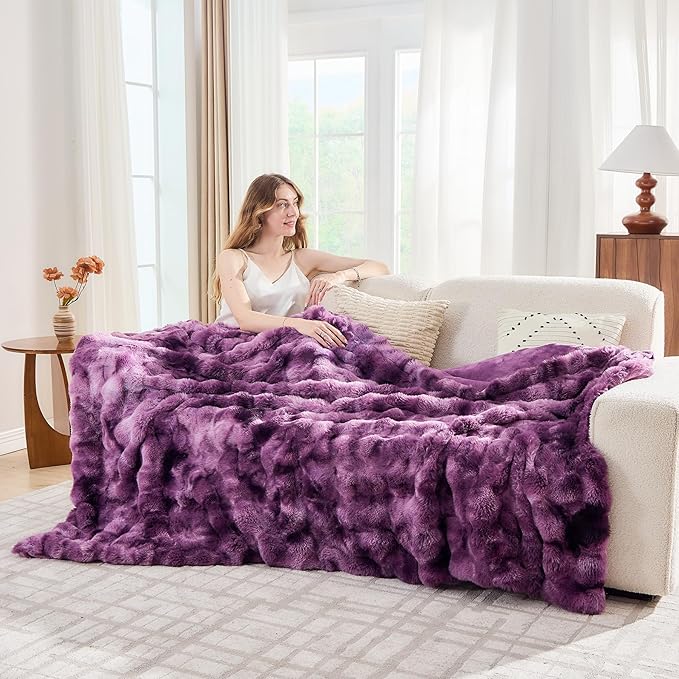 Lotus Karen Faux Fur Throw Blanket Tie-dye Violet - Big Bubble Rabbit Fluff Blanket for Couch Bed Sofa,Softest Fluffy Fuzzy Cozy Blanket,Thick Furry Plush Shaggy Warm Blankets for Women,60x80 Inches