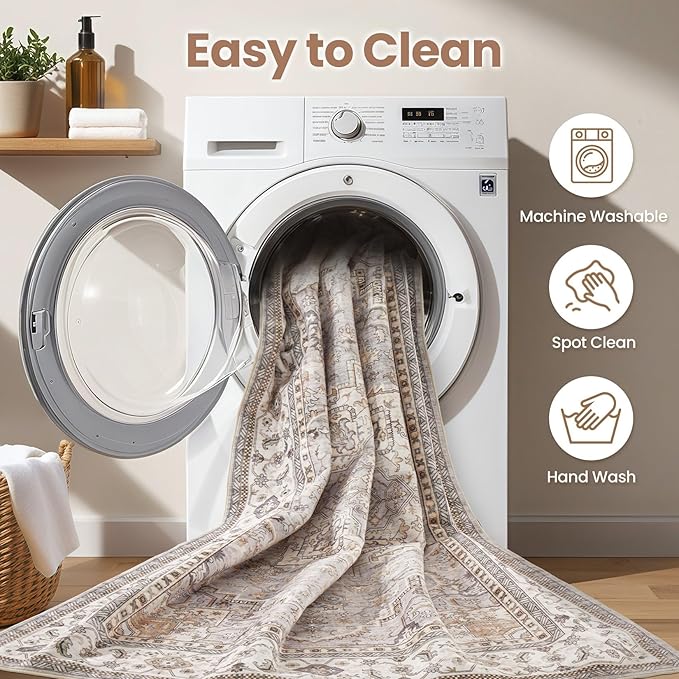 Washable Area Rugs for Living Room - 8x10 Neutral Vintage Distressed Floral Farmhouse Boho Large Soft Floor Rug Indoor Non Slip Carpet for Bedroom Dining Room Office - Grey Brown