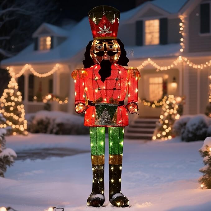 61Inch Nutcracker Christmas Decor Outdoor with LEDs 5 Feet Lighted Large Nutcracker Lighted Christmas Decorations Outdoor with Stakes & Zip Ties for Xmas Yard, Porch, Lawn