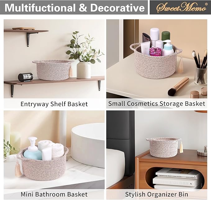 Empty Gift Basket – SweetMemo Mini Woven Rope Organizer Baskets for Gifting, Baby Shower, Desk, Makeup Brushes, Bathroom, Shelves – Small Decorative Storage Bin with Gift Bag & Ribbon – Warm Brown