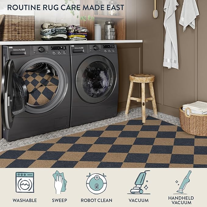 Lahome Checkered Easy Jute Entryway Rug, 3x5 Washable Area Rugs for Living Room Outdoor Patio, Non Slip Blue Indoor Door Mat Checkerboard Throw Carpet for Entry Front Door Guestroom Deck