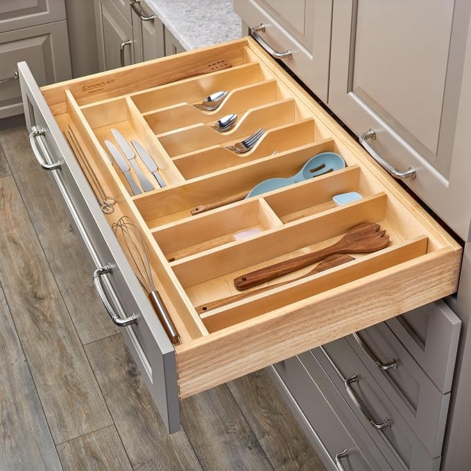 Rev-A-Shelf Trim-to-Fit Silverware Drawer Organizer For Kitchen Utensils, Cutlery Cabinet Storage Divider Insert, 33" x 22", Maple Wood, 4WUTCT-36-1