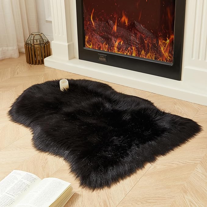 AMTOVO Faux Fur Rug, Black Small Area Rug, Fluffy Sheepskin Rug, Fuzzy Ultra Soft 2 x 3 ft Shag Rugs for Bedroom Sofa Throw Cushion Room Decor, Sheepskin