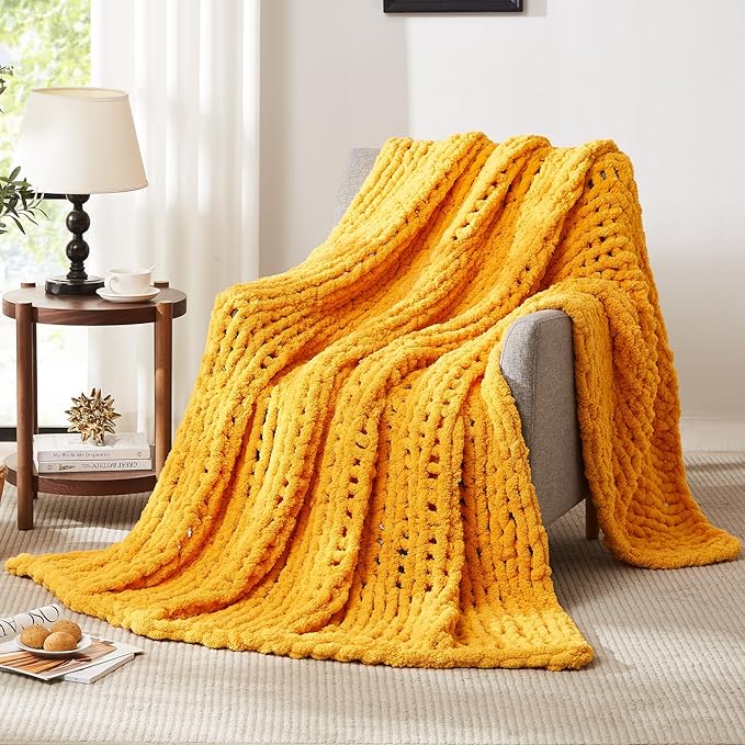 L'AGRATY Chunky Knit Blanket Throw: 80''x90'' Chenille Chunky Knitted Throw Blanket for Bed Couch - Handmade Thick Big Cable Knit Blanket - Large Chunky Crochet Rope Blanket for Home Decor(Yellow)