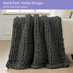 Bigacogo Chunky Knit Throw Blanket for Couch, 40x80 inches, 100% Hand Knitted with Thick Jumbo Chenille Yarn, Cozy Soft Large Rope Knot Cable Crochet Blankets for Sofa Bed Living Room, Dark Grey