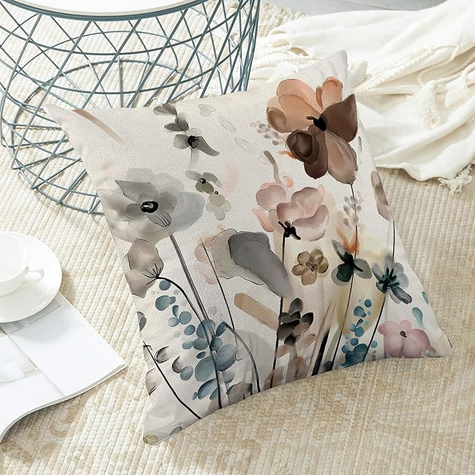 CXMEIFLY Spring Floral Pillow Covers 18 x 18 Inch Set of 2 for Watercolor Flowers Decor Throw Pillows Teal Brown Leaves Plant Floral Outdoor Decorative Cushion Cases for Couch Bed Decorations