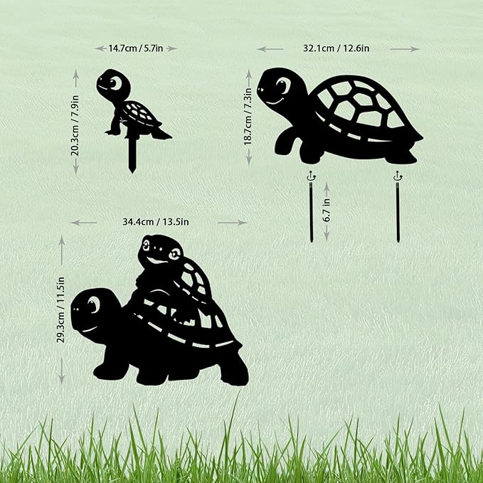 3 Pack Turtle Metal Garden Decorative Stakes, Weather Proof Silhouette Statues for Yard, Patio,Outdoor Decor for Turtle Lovers and Pet Owners