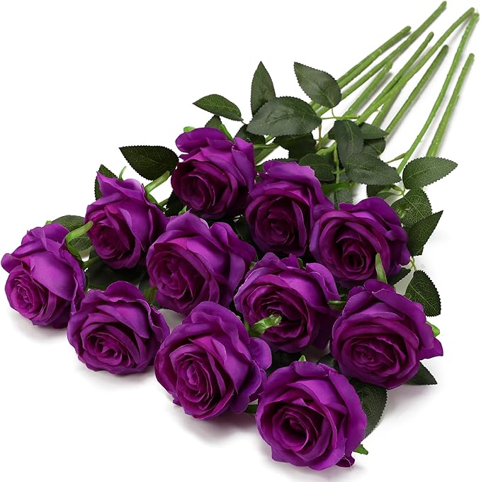 Purple Fake Roses Artificial Flowers - 10 Pcs Fake Artificial Roses Silk Flowers with Stems for Home Wedding Hotel Office Centerpiece Decor