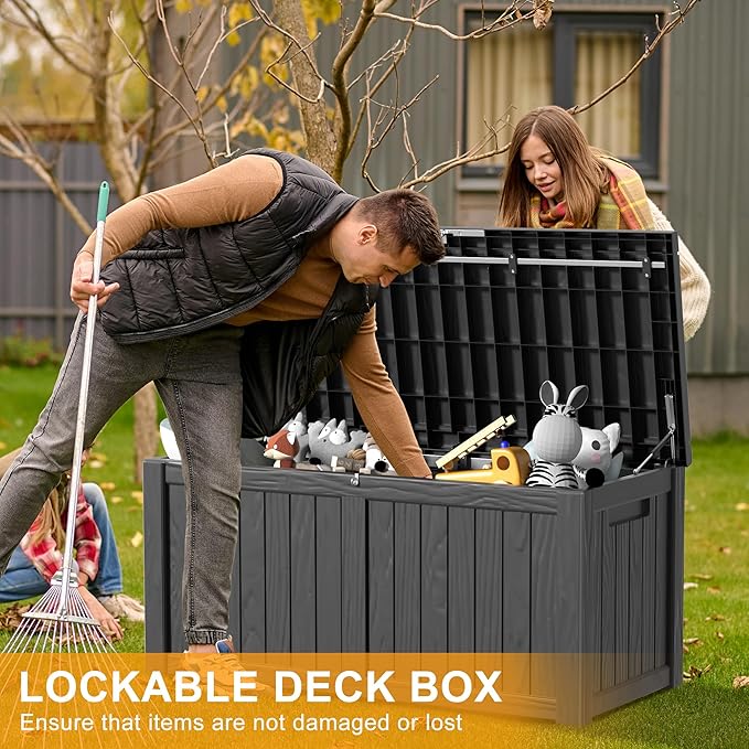 120 Gallon Deck Box,Resin Outdoor Storage Box with Lockable for Patio Furniture, Pool Accessories, Garden Tools Waterproof Outside Storage Box, Black