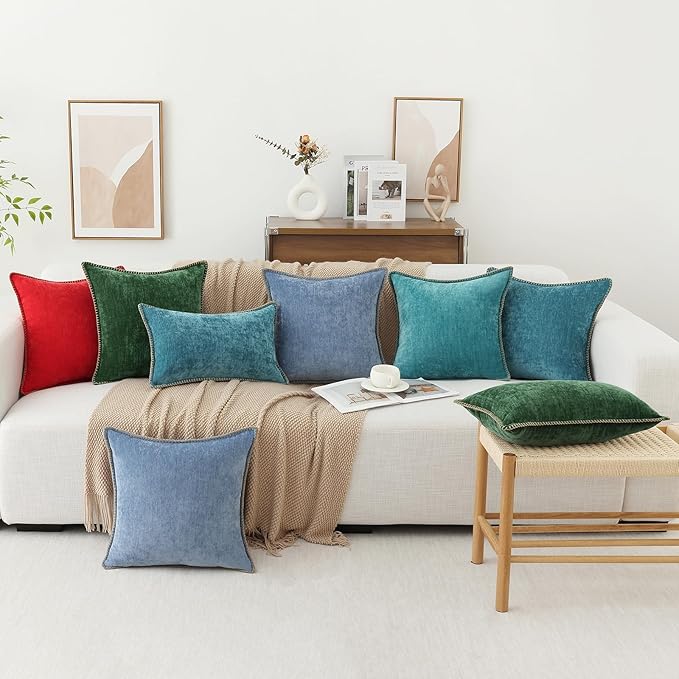 decorUhome Chenille Soft Throw Pillow Covers 24x24 Set of 2, Farmhouse Velvet Neutral Decorative Euro Pillow Covers with Stitched Edge for Couch Sofa Bed Home Decor, Turquoise