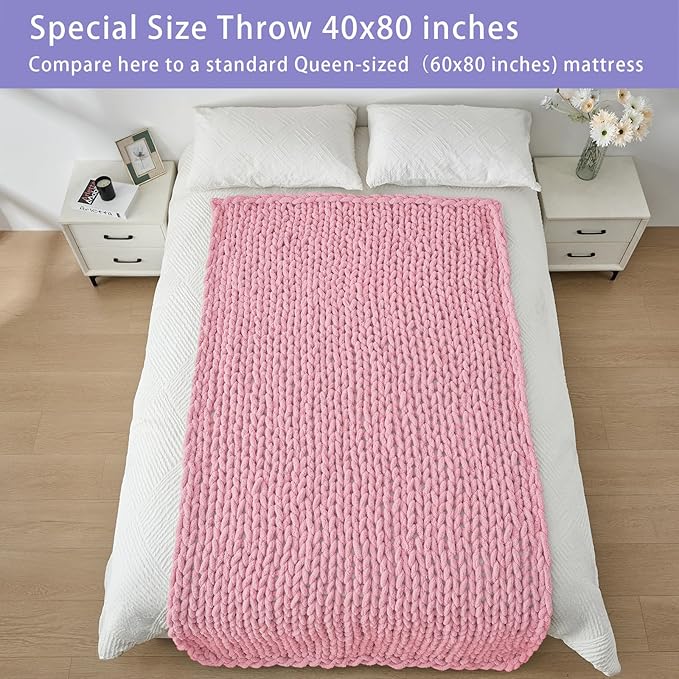 Bigacogo Chunky Knit Throw Blanket for Couch, 40x80 inches, 100% Hand Knitted with Thick Jumbo Chenille Yarn, Cozy Soft Large Rope Knot Cable Crochet Blankets for Sofa Bed Living Room, Blush Pink