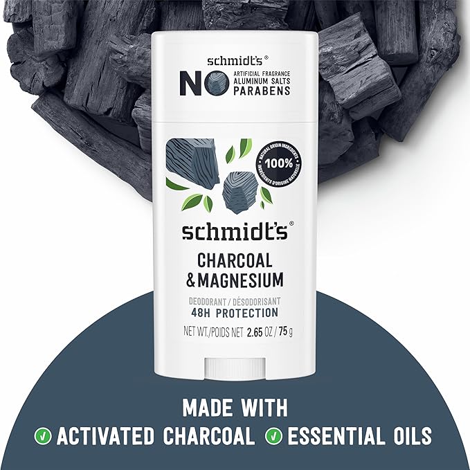 Schmidt's Aluminum-Free Vegan Deodorant Charcoal & Magnesium with 48 Hour Odor Protection, 2 Count for Women and Men, Natural Ingredients, Cruelty-Free, 2.65 oz, Pack of 2