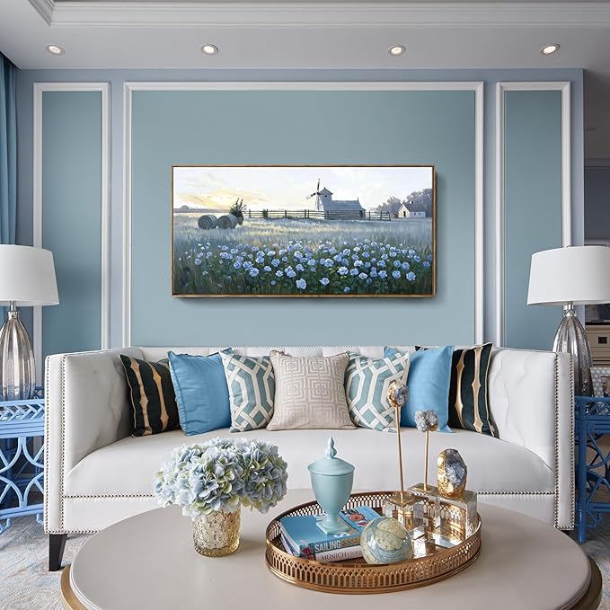 amatop Large Framed Country Landscape Wall Art – Blue Floral Canvas Art Print Vintage Rustic Farmhouse Picture Sunset Nature Artwork Wall Decor for Bedroom Dining Room Office Entryway 48x24 Inch