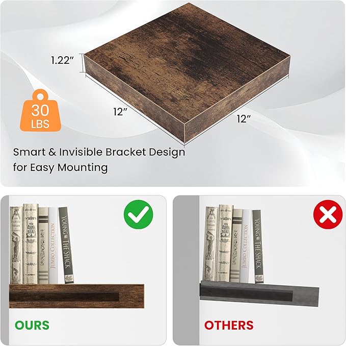 Square Floating Shelves for Wall, 12"W x 12"D x 1.2"H, Small Wooden Wall Mounted Display Shelf with Invisible Brackets for Living Room, Bedroom, Bathroom, Kitchen Decor, Set of 3, Rustic Brown
