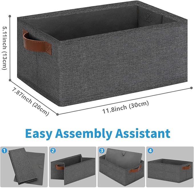 GhvyenntteS Small Fabric Storage Bins 12 Pack, 11.8" x 7.87" x 5.11" Storage Basket with Leather Handles, Closet Storage Bins for Shelves, Storage Baskets for Shelves, DVD Storage (Grey)