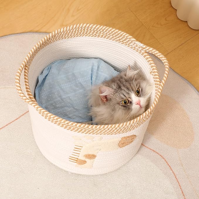 INough Toy Storage Baskets Woven Cotton Rope Storage Basket for Kids, Blanket Baskets for Living Room Toys Organizer with Embroidery Decor, Cute Baskets with Handle for Nursery, Playroom (Giraffe)