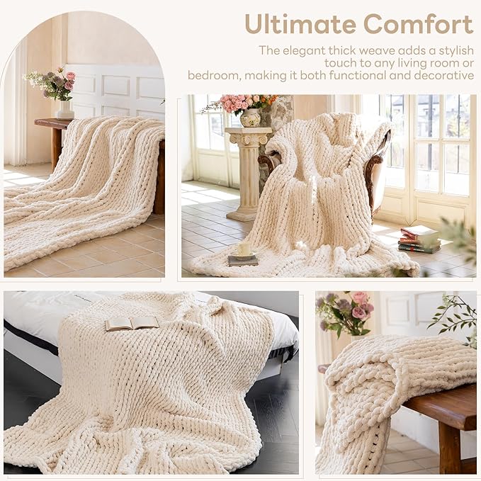Chunky Knit Blanket - Luxury Soft Cozy Extra Large Size (80 * 90) Throw Blanket,100% Woven Blanket Rope Knot Throw Blanket for Couch, Sofa, Home Decor, Gift - Machine Washable（Cream）