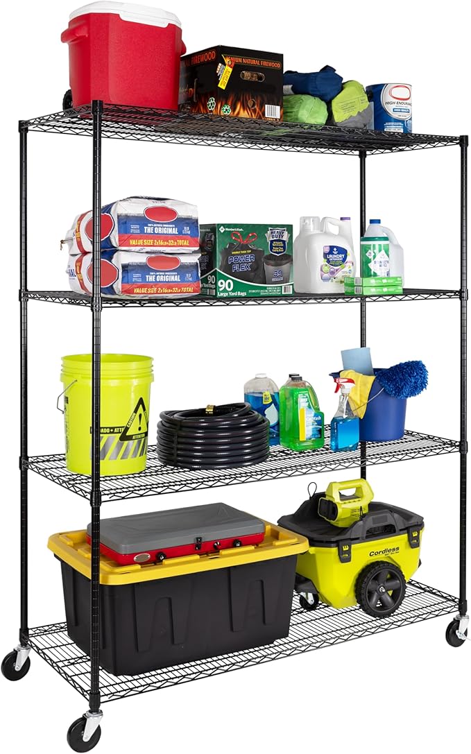Seville Classics UltraDurable Heavy Duty NSF Solid Steel Wire Rack Storage Unit, Organizer for Garage, Warehouse, Office, Restaurant, Classroom, Kitchen, Black, 4-Tier Shelving, 60" W x 24" D