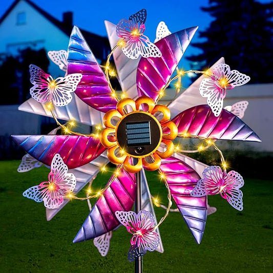 Solar Wind Spinner Outdoor, 360° Metal Large Butterflies Wind Sculpture with Outdoor Kinetic Windmills with Vine String LED Lights for Decor Garden Patio, Lawn & Yard