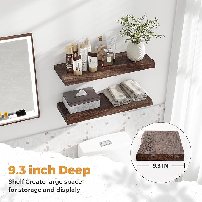 RICHFOCUS Live Edge Elm Floating Shelves - 24" W x 9.3" D Rustic Solid Wood Wall Shelves with Invisible Bracket, Wall-Mounted for Living Room, Bedroom, Kitchen Storage & Display, Set of 2, Walnut