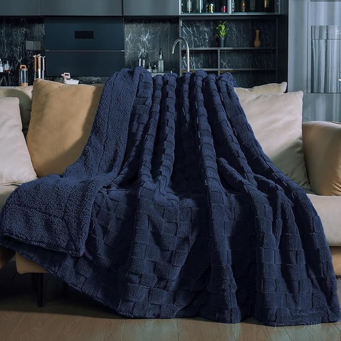Pawque Super Soft Cozy Throw Blanket Twin Size for Couch Bed, Fluffy Sherpa Fleece Reversible Thick Warm Fuzzy Blanket for All-Season, 3D Checkered Jacquard Decorative Blankets, Navy Blue, 60" x 80"