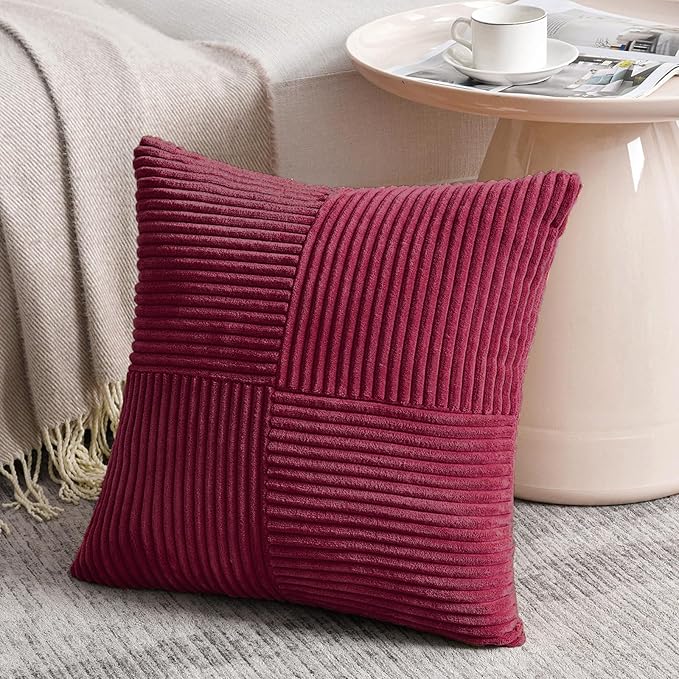 Fancy Homi 2 Packs Burgundy Euro Decorative Throw Pillow Covers 26x26 Inch for Living Room Bed, Rustic Farmhouse Boho Home Decor, Soft Corss Corduroy Patchwork Textured Square Cushion Case 66x66 cm