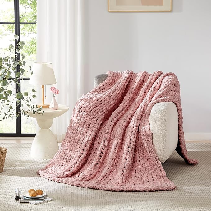 L'AGRATY Chunky Knit Blanket Throw - Soft Chunky Throw Blanket 50x60: 100% Hand Kintted Chenile Crochet Throw Blanket for Couch - Large Cable Knit Chunky Blanket for Home Decor(Rose Pink)