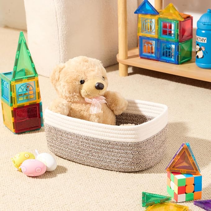Small Storage Baskets for Organizing | Closet Organizer Bins | Shelf Toy Basket | Woven Rope Baskets | Cube Decorative Box | Shallow Basket | 11.5x7.5x4.7” | 3 Packs White Brown