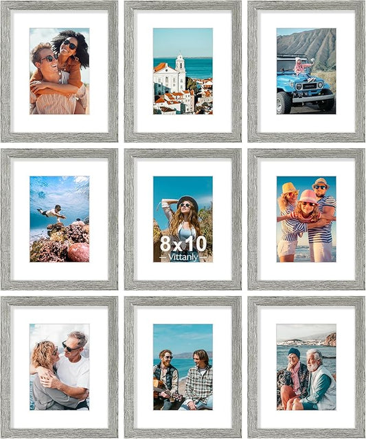 Vittanly 8x10 Picture Frames Set of 9, Shatter Resistant Plexiglass, Display 5x7 Pictures with Mat or 8x10 without Mat, Photo Frames for Wall or Tabletop, Engineered Wood, Grey