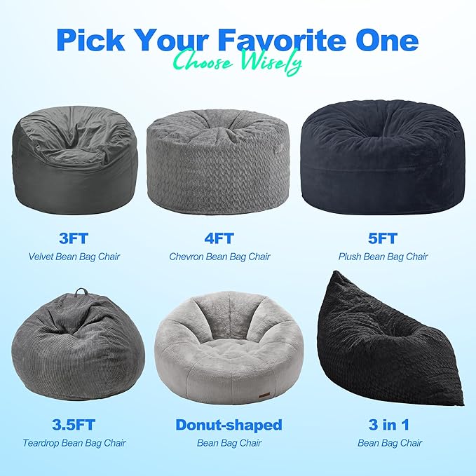 Hobestluk 3 in 1 Bean Bag Chair Giant Bean Bag Chairs for Adults with Chevron Plush Fur Cover Convertible Bean Bag Floor Cushion with Machine Washable Cover for Living Room (Chevron Plush Black)