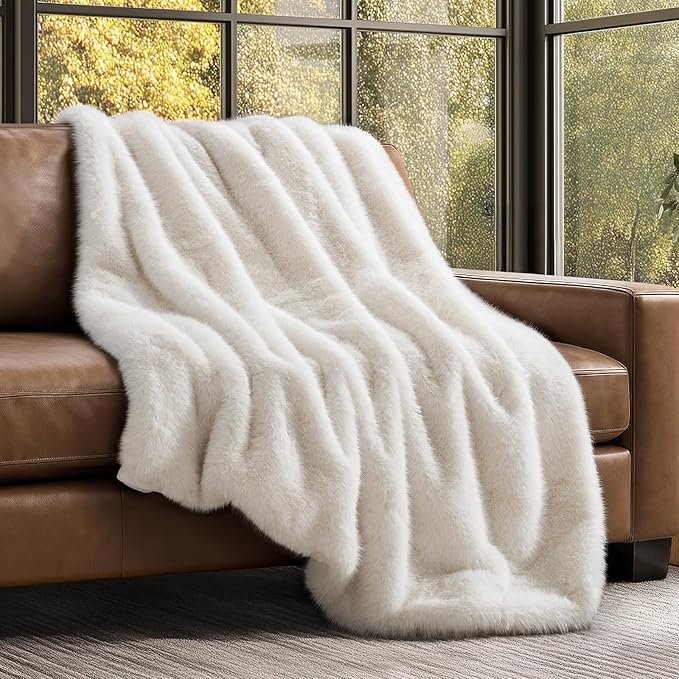 Luxury Faux Fur Throw Blanket, Soft Fluffy Faux Mink Blankets for Bed, Couch, Sofa, Thick Cozy Plush Warm Fur Throws with Reversible Velvet, Ivory Mink, 50"x60"
