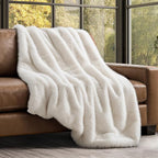 Luxury Faux Fur Throw Blanket, Soft Fluffy Faux Mink Blankets for Bed, Couch, Sofa, Thick Cozy Plush Warm Fur Throws with Reversible Velvet, Ivory Mink, 50"x60"