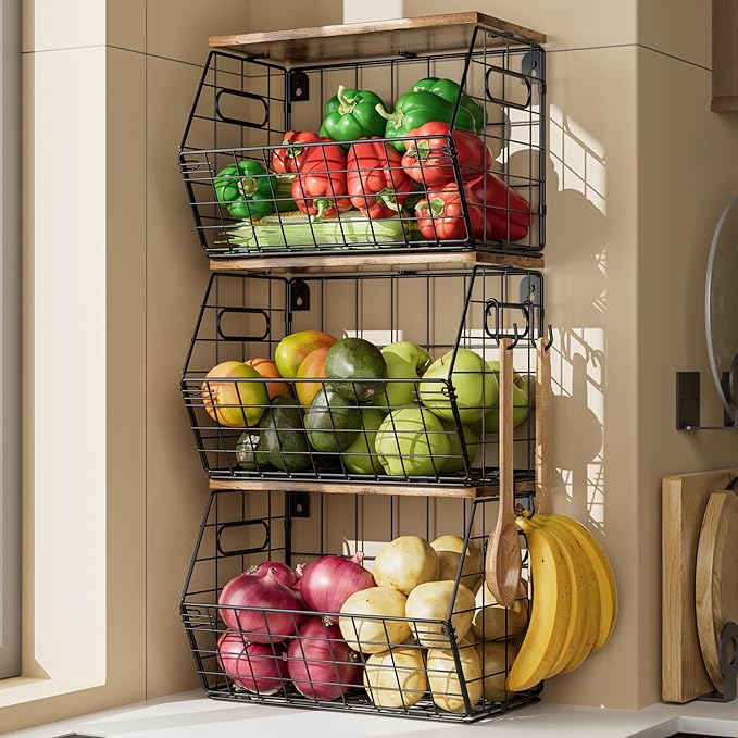Delamu 3 Pack Stackable Metal Fruit Basket with Wood Lid-Wall Mounted&Countertop Organizer for Kitchen,Pantry- Ventilated Storage for Onions,Potatoes,Fruits,Spices,Black