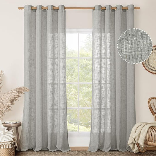 LAMIT Grey Linen Curtains 95 inch for Living Room, Semi Sheer Light Filtering Boho Window Textured Burlap Drapes with Bronze Grommet for Bedroom Farmhouse, 2 Panels Set, 52 x 95 Inch