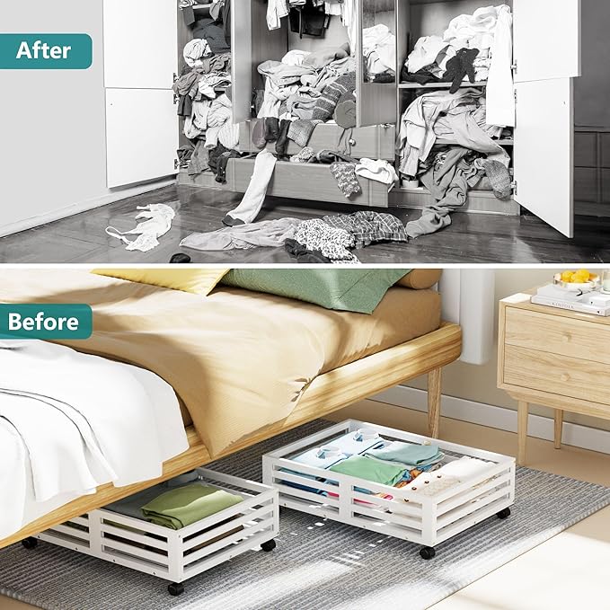 Bamboo Under Bed Storage Containers- Underbed Organizer with Wheels with Large Dust Bag,Sturdy Wood Rolling Under the Bed Shoe Storage Organizer Drawer 2 Packs (White, Small)