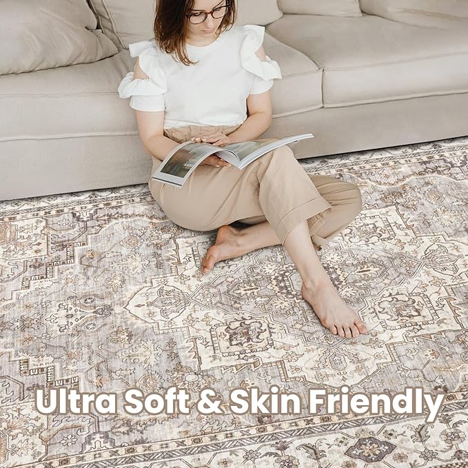 Washable Area Rugs for Living Room - 8x10 Neutral Vintage Distressed Floral Farmhouse Boho Large Soft Floor Rug Indoor Non Slip Carpet for Bedroom Dining Room Office - Grey Brown