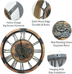 DORBOKER 24" Large Wall Clock with Moving Gears,Oversize Vintage Industrial Rustic Farmhouse Clocks for Living Room Decor Office Home,Solid Wood HD Tempered Glass Cover,Brown