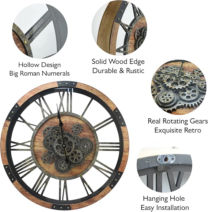 DORBOKER 30'' Large Wall Clock Real Moving Gears Oversized Industrial Solid Wood Rusic Farmhouse Clocks for Living Room Wall Decor Home Office, 30 inch 76cm, Brown and Vintage Bronze