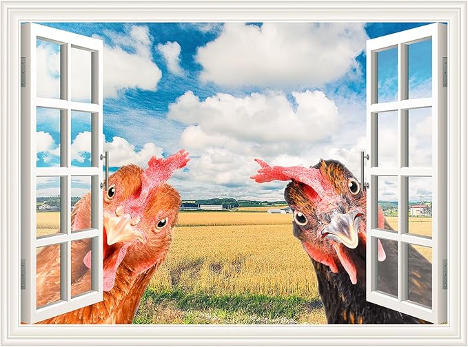 Funny Chicken Wall Stickers Peel and Stick - 2 Hens Head Looking Inside from Window - Cute Chicken Wall Decals Removable - Chicken Lover Gifts Wall Decor for Bedroom Farmhouse Kitchen Dorm