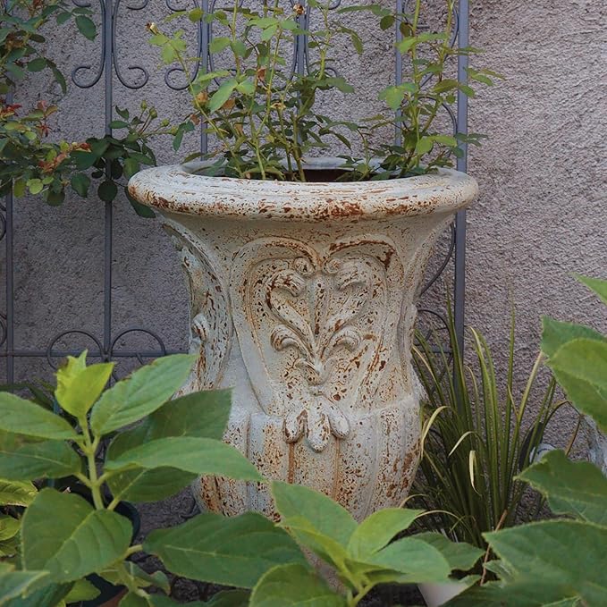 Vintage European Giant Garden Urn Planter, Decorative Cement and Fiber Flower Pot, Make Rust Finished, Wrap Foam Safely Delivered from Local Warehouse (Vintage, Large)