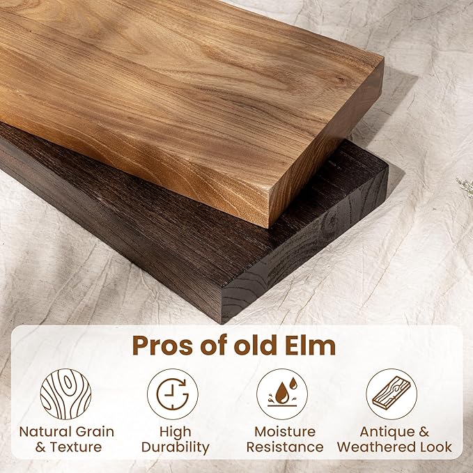 Wood Floating Shelves for Wall, 24" Floating Shelves Wall Mounted, Rustic Old Elm Wood Shelf for Home Decor, Heavy-Duty Storage Shelves for Books, Bathroom, Kitchen, Natural Color, Set of 2