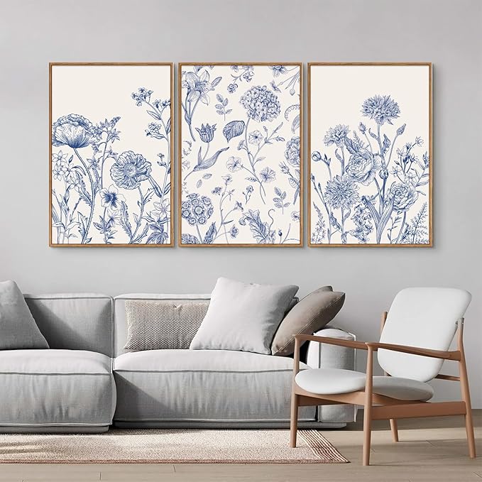 Tinonedraw Large Classic Chinoiserie Flower Framed Canvas Wall Art Set, Navy Blue and White Floral Wall Decor, Minimalist Neutral Botanical Art Printing for Living Room Bedroom Office Dorm 16"x24"x3