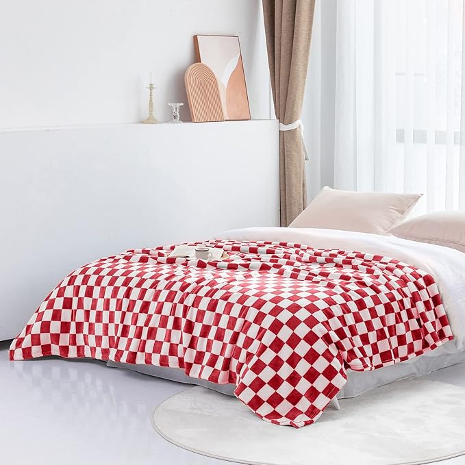 LOMAO Throw Blankets Flannel Blanket with Checkerboard Grid Pattern Soft Throw Blanket for Couch, Bed, Sofa Luxurious Warm and Cozy for All Seasons (Red, 60"x80")