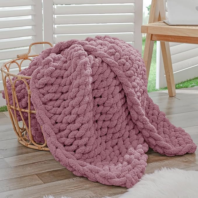 Bigacogo Chunky Knit Throw Blanket for Couch, 40x40 inches, 100% Hand Knitted with Thick Jumbo Chenille Yarn, Cozy Soft Large Rope Knot Cable Crochet Blankets for Sofa Bed Living Room, Burnt Rose