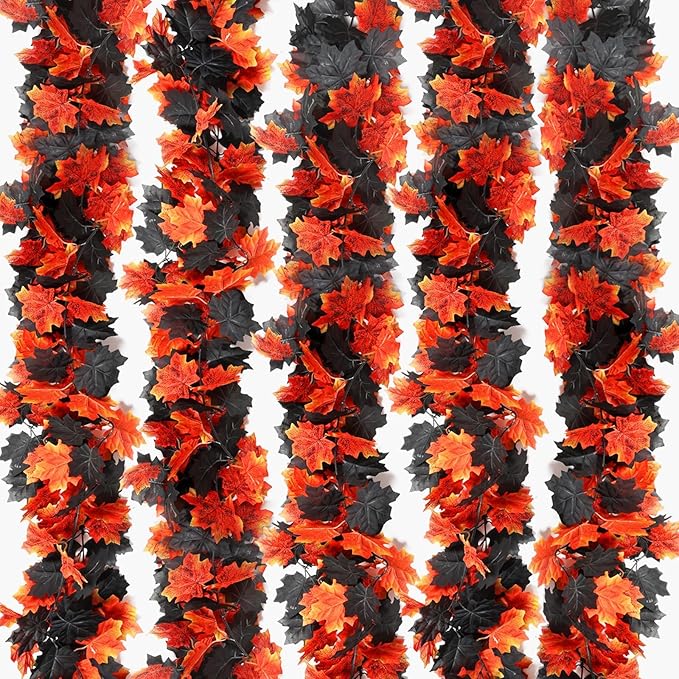 Joyhalo 5 Pack Fall Garland, Halloween Leaves Garland, Black Outdoor Leaf Vine for Mantle, Door Frame,Fireplace and Thanksgiving Decor