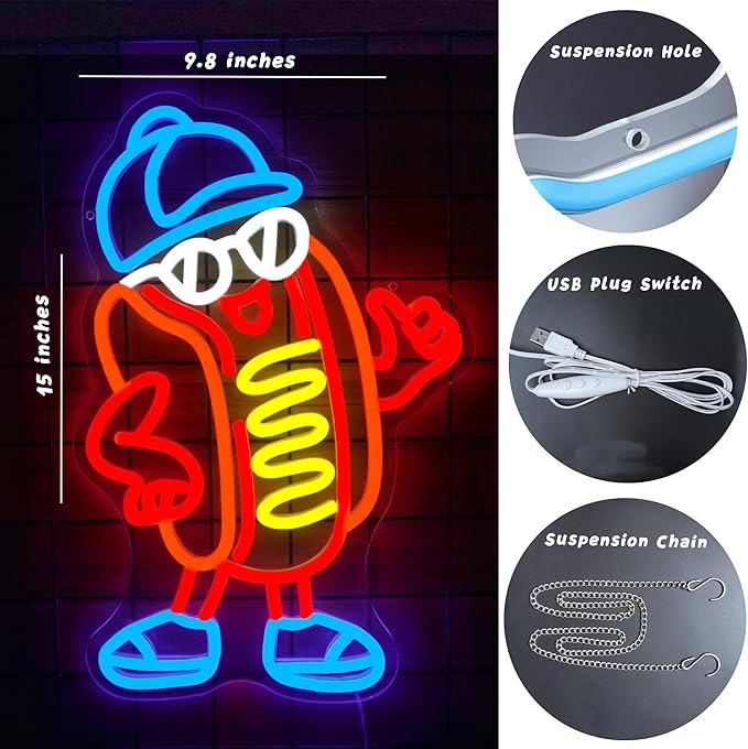 Hot Dog Neon Sign Dimable Cool Hot Dogs Neon Signs Funny Hot Dog Party Themed Light Decor for Restaurants Bars Game Rooms Vibrant LED Lighting Gifts for Fast Food Enthusiasts (15×9.8inch)